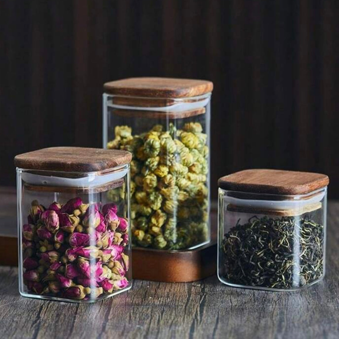 Set of 9 Square Glass Storage Jars with Wood Lids