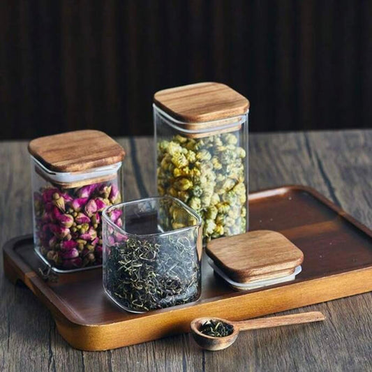 Set of 9 Square Glass Storage Jars with Wood Lids